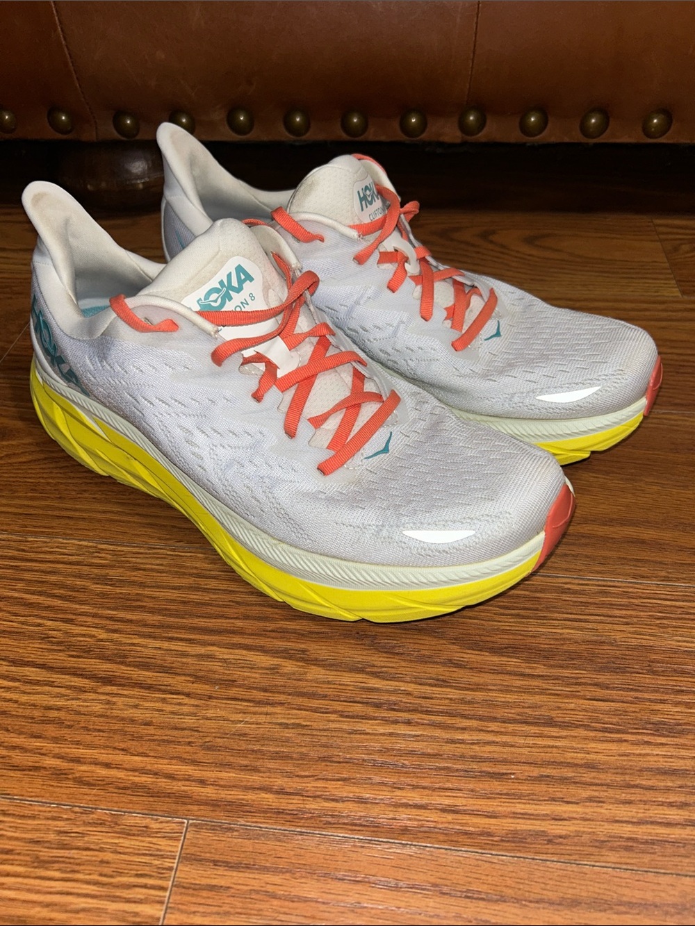 HOKA One One 1119393 BDBI Men’s 11.5 D Clifton 8 Running White Yellow Sneaker